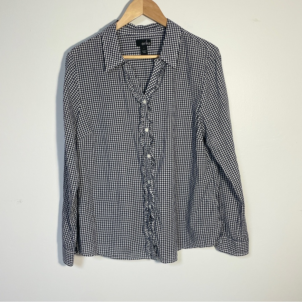 Erika Women's Navy White Gingham Print Long Sleeve ruffle front shirt size large